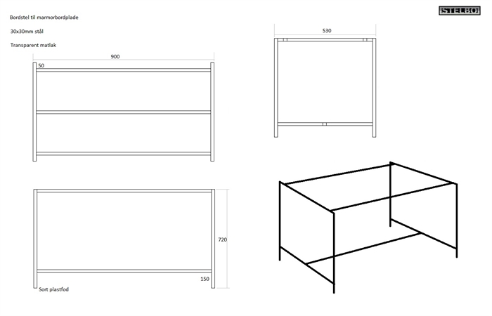 20161115 Specialfremstillet bordstel, 900x530x720mm, 30x30mm lakeret sortstål