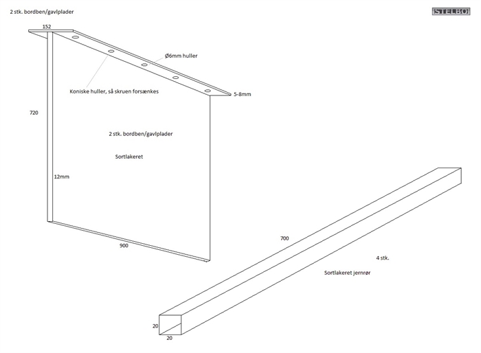 20160705 Specialfremstillet bordstelgavle og 4 stk. rør. Sortlakeret