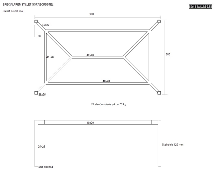 20190218 Specialfremstillet bordstel. Slebet rustfrit stål. 980x580x420mm 