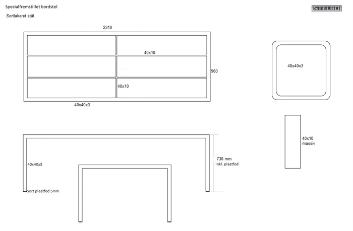 20190207 Specialfremstillet bordstel. Sortlakeret stål. 231x96x73cm