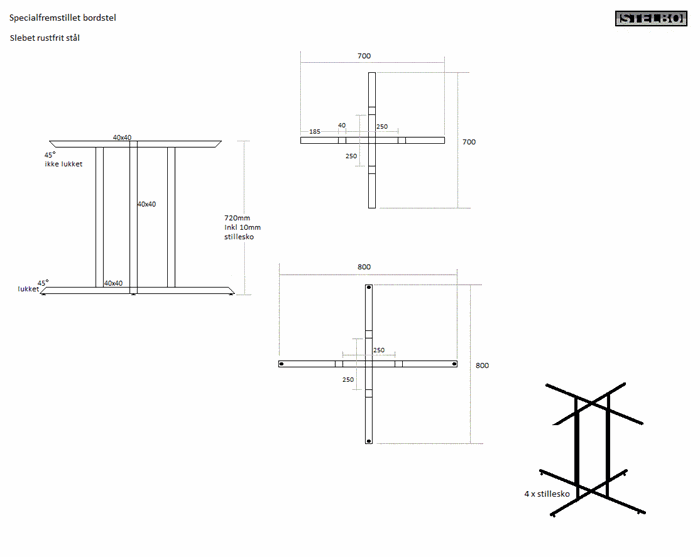 20180625 Specialfremstillet bordstel. Slebet rustfrit stål.  