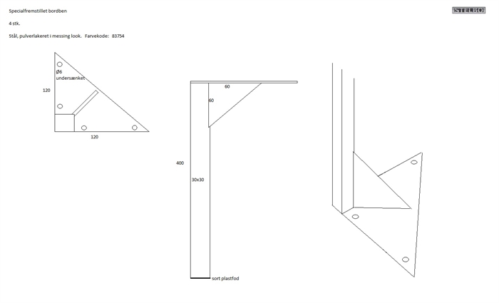 20191025 Specialfremstillet bordben, 4 stk. Pulverlakeret messing look. 