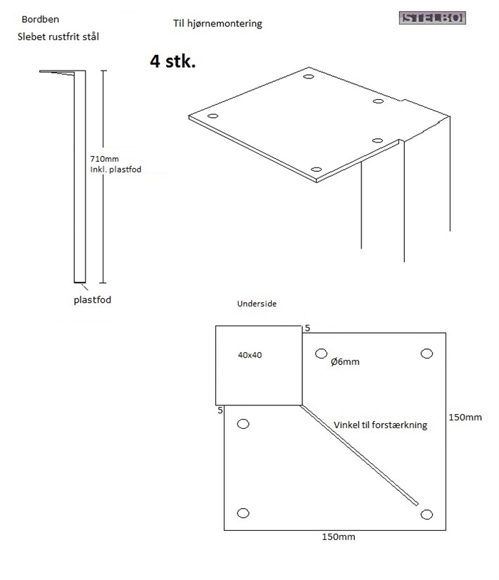 20180403 Specialfremstillet bordben, 4 stk., Rustfrit stål, 710-40x40mm