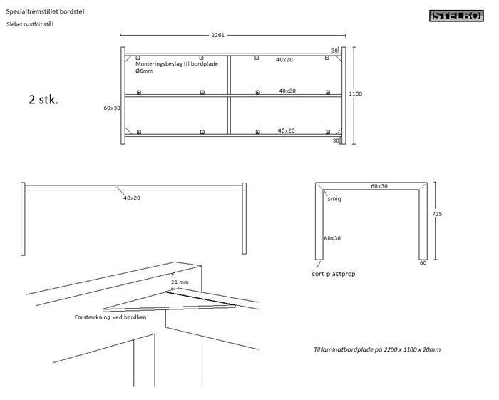 20170828 To stk. specialfremstillet bordstel i rustfrit stål, 2261x1100x725mm