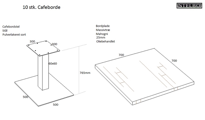 20161015 Specialfremstillet cafeborde, Sortlakeret stel og mahogni bordplade 70x70cm