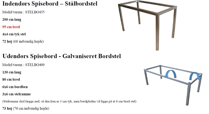 20191130 Specialfremstillet bordstel. 1 stk. rustfrit stål og 1 stk. galvaniseret. 