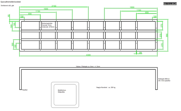 20181115 Specialfremstillet bordstel 430 x 99cm, 60x60mm Sortlakeret stål