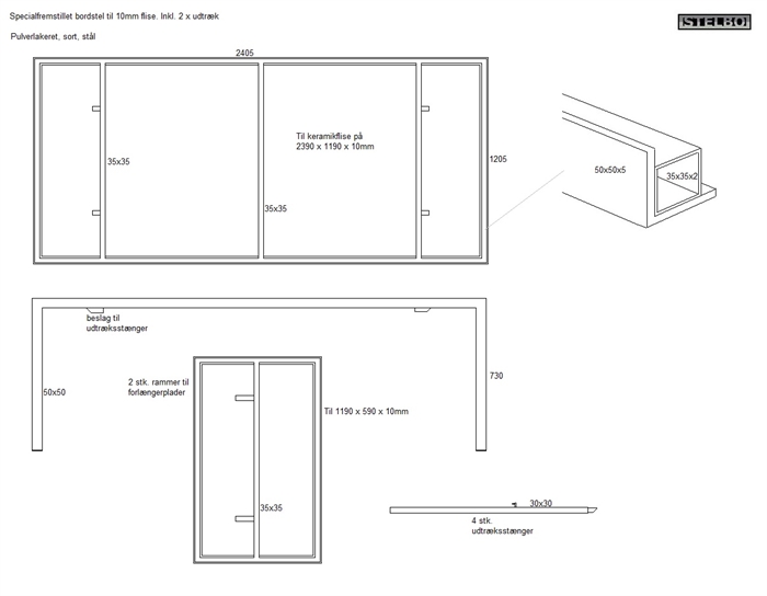 20190911 Specialfremstillet Bordstel med 2 x udtræk. Til 10mm flise