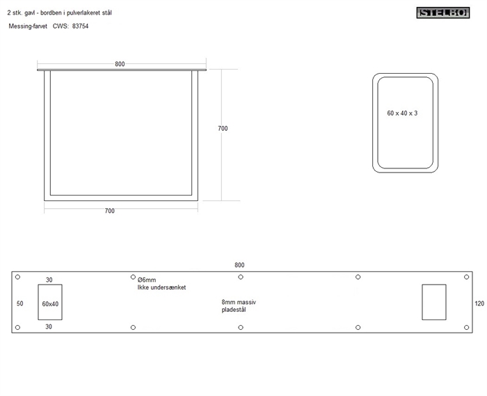 20190808 Specialfremstillet gavlrammer/bordben. 2 stk. i messing-look (stål) 700x700mm