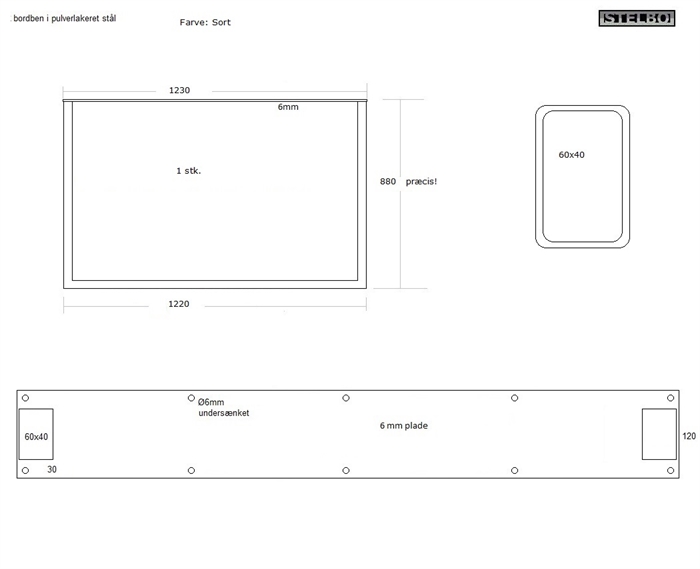 20200519 Specialfremstillet ramme-bordben, 1 stk. Sortlakeret stål