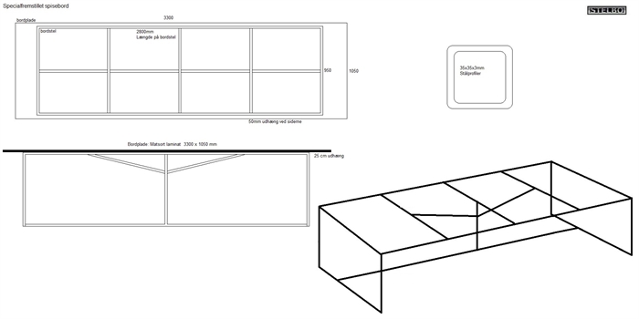 20190115 Specialfremstillet bordstel. Sortlakeret stålstel med bordplade 330x105cm