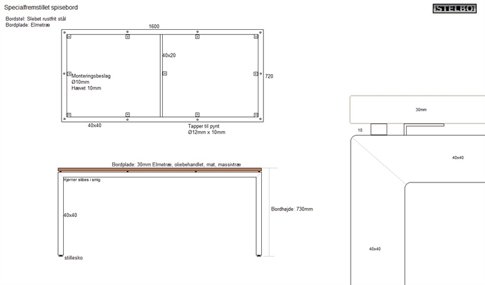 20181211 Specialfremstillet spisebord. 160x72cm. Elmetræ og bordstel i rustfrit stål