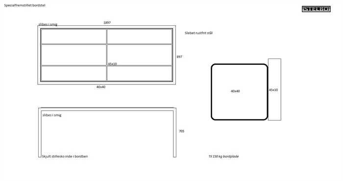 20180703 Specialfremstillet bordstel. Slebet rustfrit stål.  