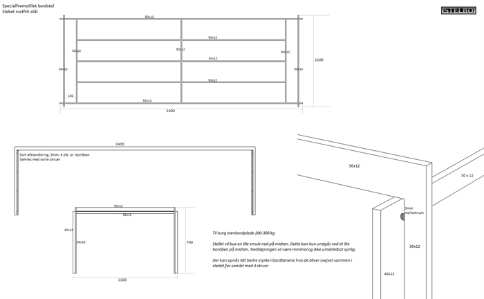20180206 Specialfremstillet bordstel, 2400x1100mm, Rustfrit stål