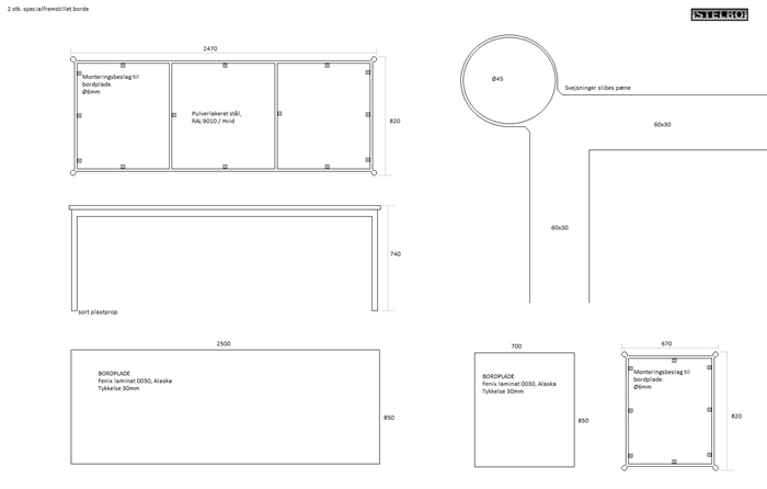20170824 Specialfremstillet borde i pulverlakeret stål, 2 stk. Med Fenix Laminat