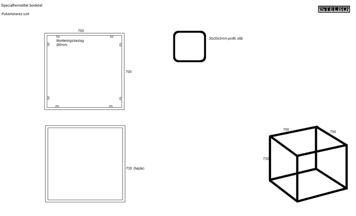 20181029 Specialfremstillet bordstel i pulverlakeret stål. Sort kubestel 70x70x73cm. Inkl. fragt
