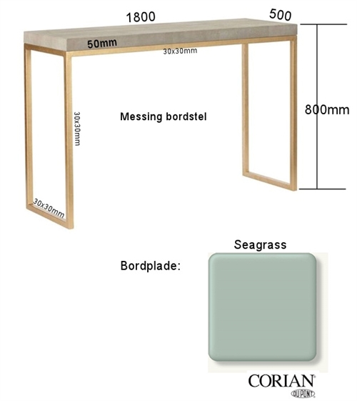 20160509 Specialfremstillet højbord/disk. 180 x 50 x 80cm. Corian Seagrass og messingstel