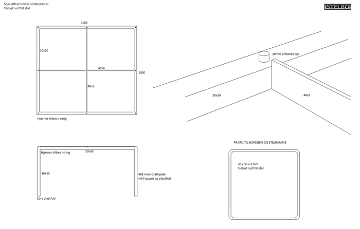 20170828 Specialfremstillet bordstel i rustfrit stål, 100 x 100 x 48.8 cm