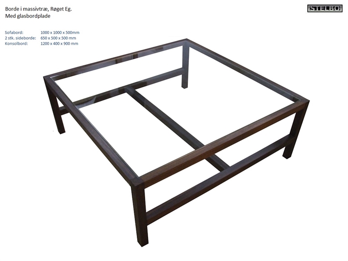 20170725 Specialfremstillet borde i røget eg med glasbordplade. 4 stk.