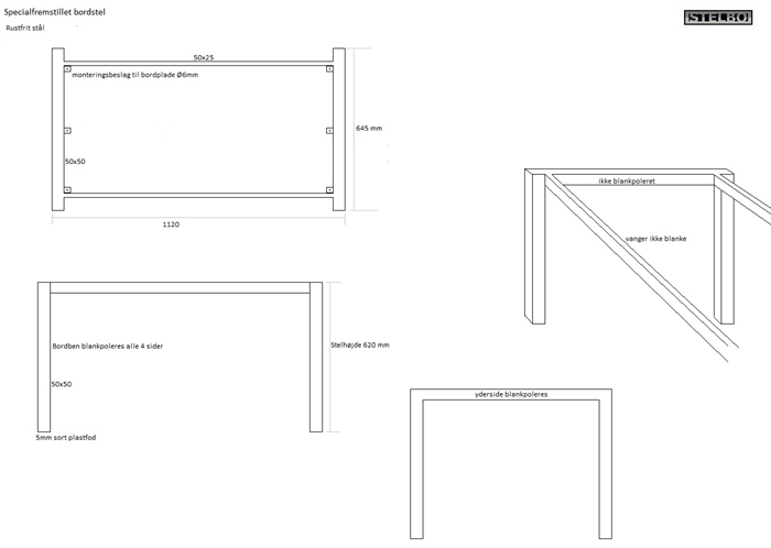 20191016 Specialfremstillet bordstel i rustfrit stål. 50x50 + 50x25