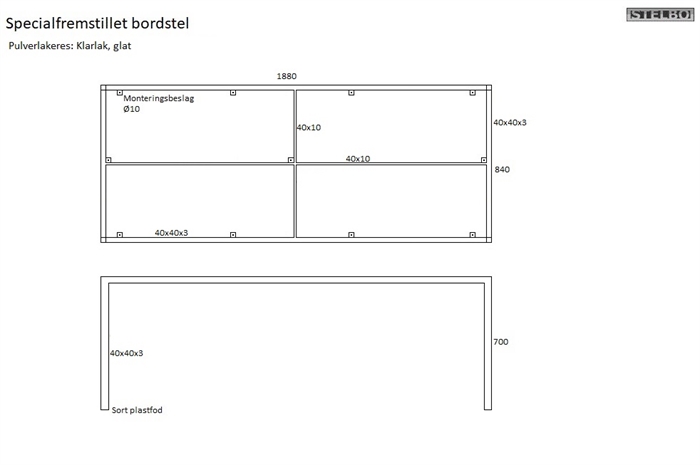20180803 Specialfremstillet bordstel. 1880x840x700 med 40x40x3 rør. Klarlak