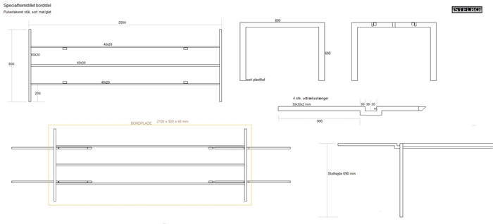 20181030 Specialfremstillet bordstel i pulverlakeret stål. Til 2 forlængerplader. Inkl. fragt