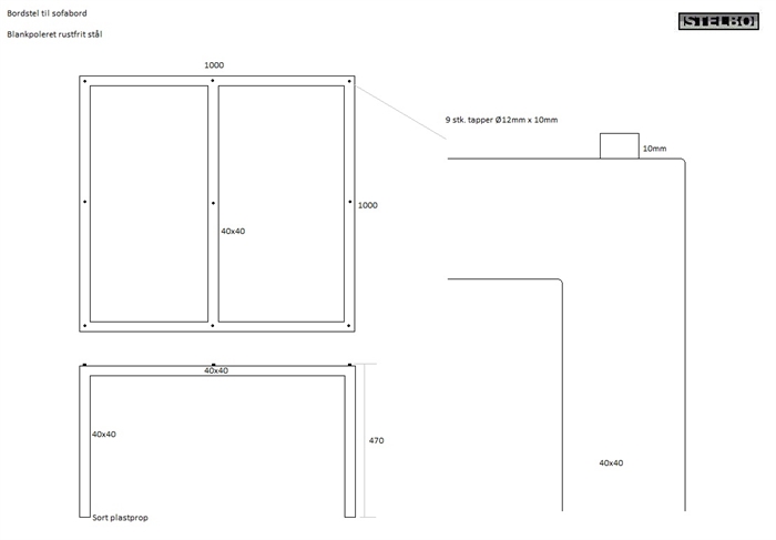 20170424 Specialfremstillet bordstel. 100x100x47cm, 40x40mm blankpoleret rustfrit stål