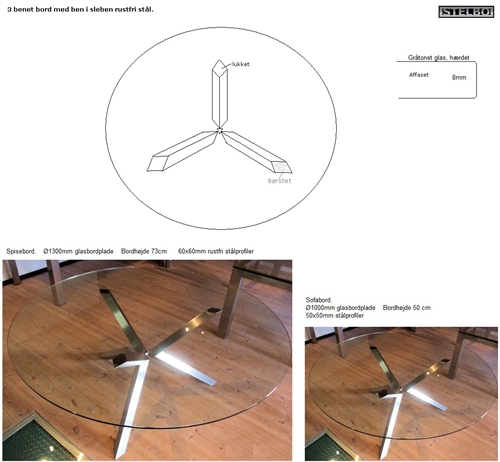 20190109  Specialfremstillet glasbord, 2 stk. Spisebord + Sofabord. STELBO219 Ø130+Ø100cm. Rustfrit stål 
