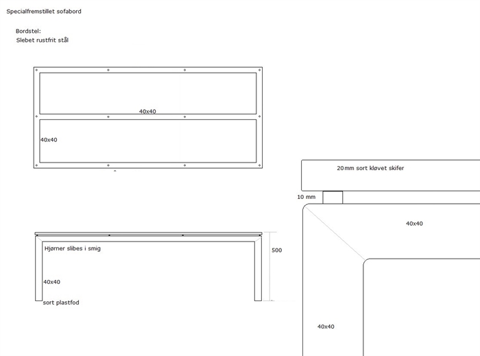 20210628 Specialfremstillet sofabord i rustfrit stål med skiferbordplade. 125x75x50cm. STELBO314