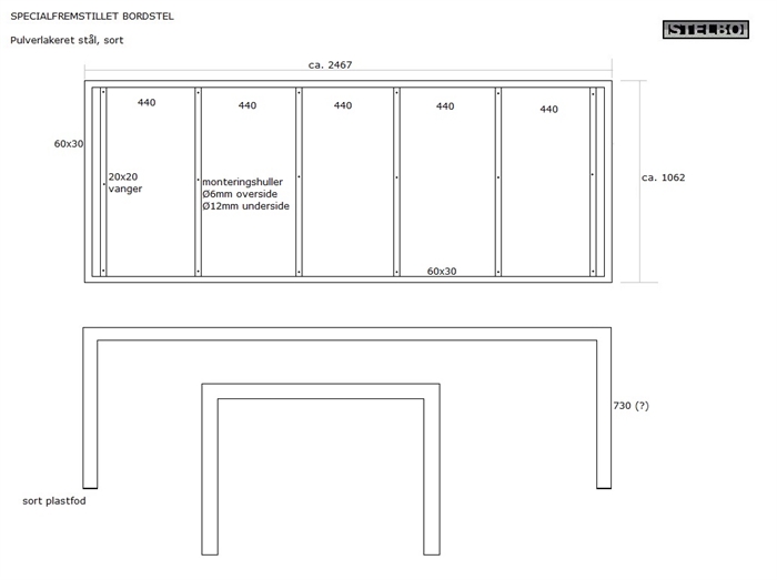 20200210 Specialfremstillet bordstel. Sort pulverlakeret stål.