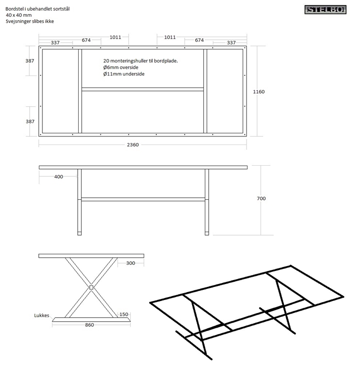 20161015 Specialfremstillet bordstel, 3 stk. 2360x1160x700mm, sortstål