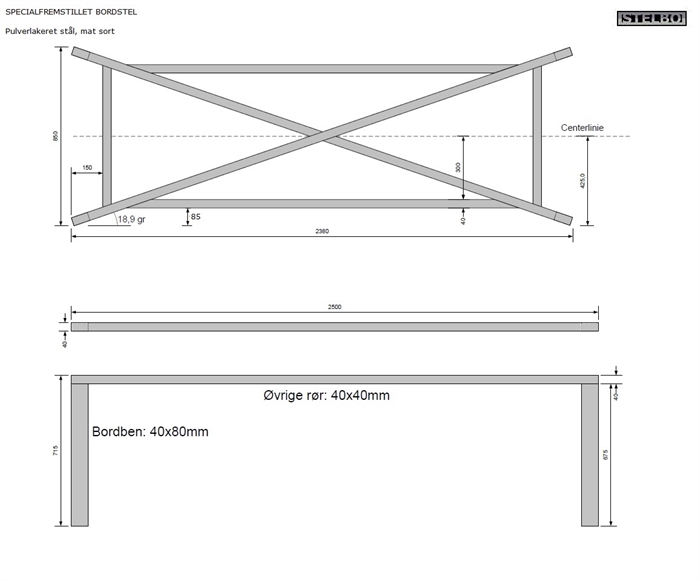 20200221 Specialfremstillet bordstel. Sort pulverlakeret stål.