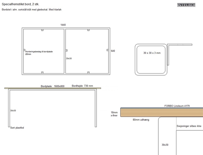 20181217 Specialfremstillet borde. 2 stk. 160x80cm Linoleum.