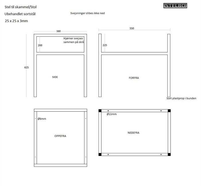 20171106 Specialfremstillet stel til skammel, ubehandlet sortstål 25x25x3mm