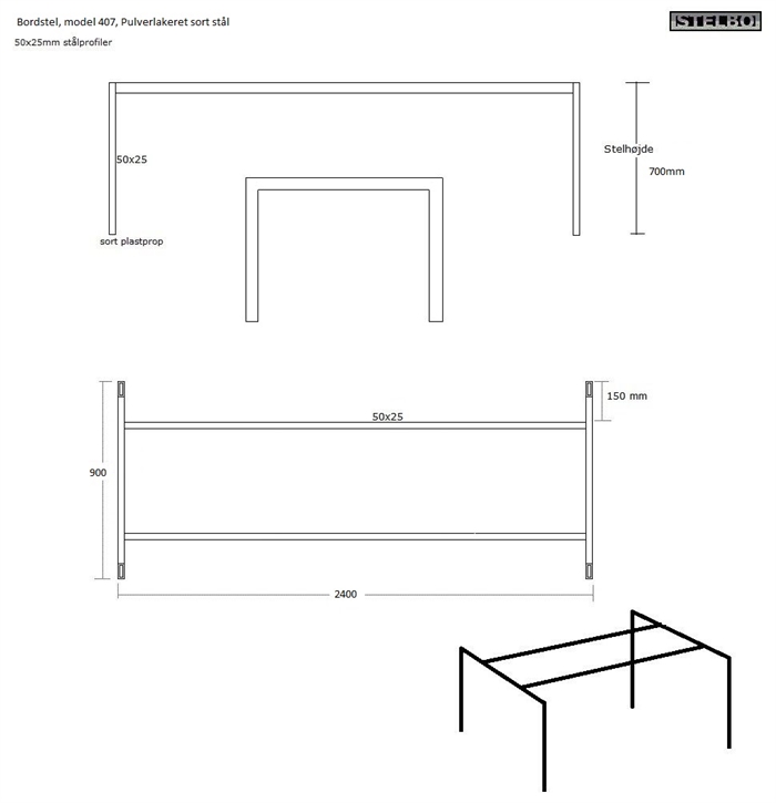 20160621 Specialfremstillet bordstel. 2400x900x700, model 407, sortlakeret, ex fragt