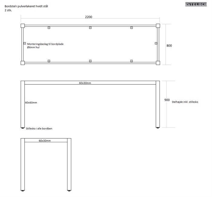 20161011 Specialfremstillet bordstel, 2 stk. 220x80x90cm. Hvidlakeret