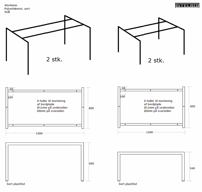 20160122 Specialfremstillet  bordstel i 40x40mm stortstål, 2 stk. 110 x 80 x 54cm