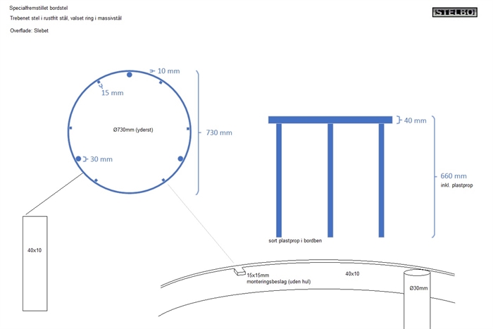 20190725 Specialfremstillet stel til rundt trebenet sofabord. Rustfrit stål