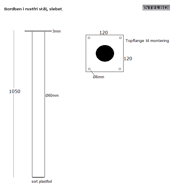 201602001 Specialfremstillet  bordben, 1 stk. Længde 105cm, Ø60mm, Rustfrit stål