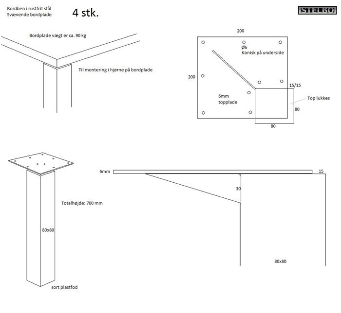 20170207 Specialfremstillet bordben, 4 stk., Rustfrit stål