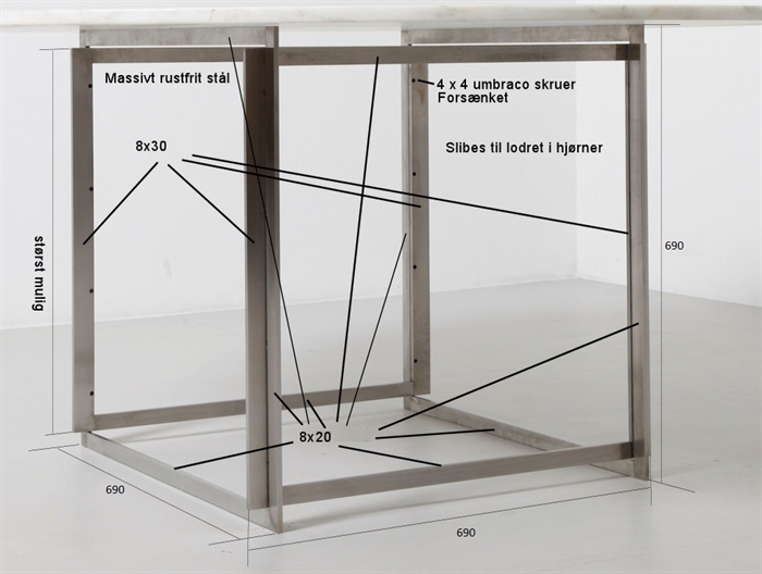 20160901 Specialfremstillet bordstel. 696 x 690 x 690 mm. Rustfrit stål. Ex fragt