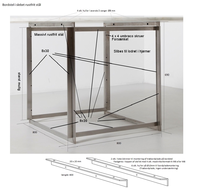 20180215 Specialfremstillet bordstel, 800x800x690mm, Rustfrit stål. 2 skinner