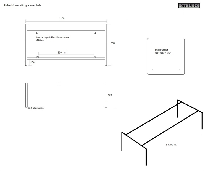 20171025 Specialfremstillet bordstel i pulverlakeret sortstål, STELBO407: 120x60cm