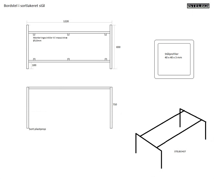 20171103 Specialfremstillet bordstel i pulverlakeret sortstål, STELBO407: 122x65cm
