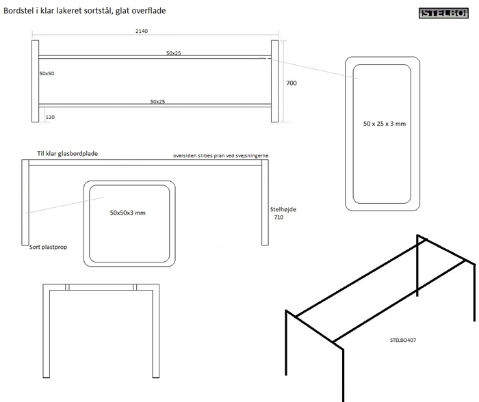 20180115 Specialfremstillet bordstel 214x70cm, klarlak, 50x50mm og 50x25mm