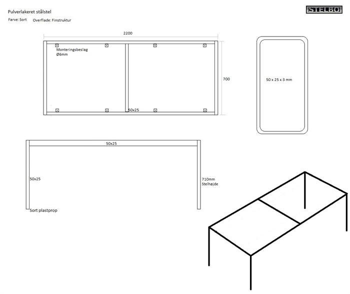 20171010 Specialfremstillet bordstel. STELBO407, 2200x700x710mm, Sortlakeret finstruktur