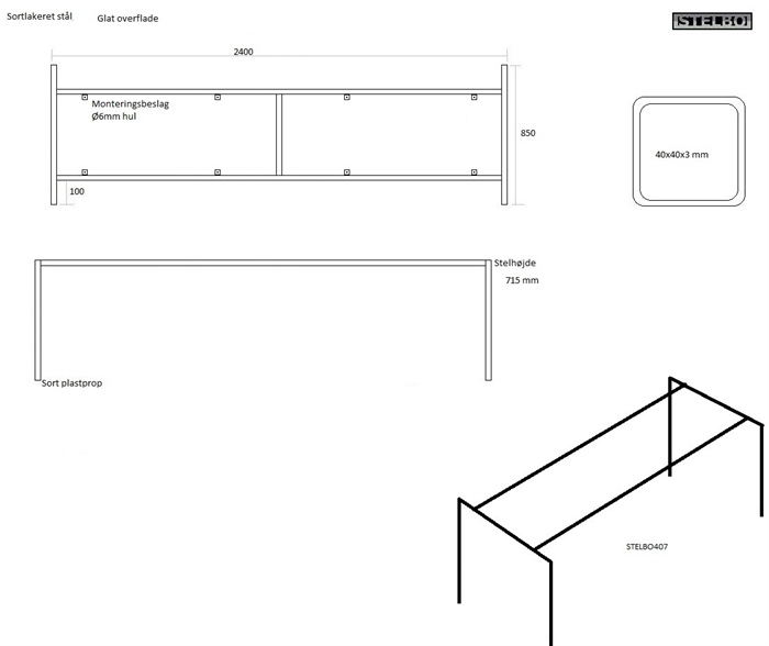 20171219 Specialfremstillet bordstel i pulverlakeret sortstål, 240x85cm