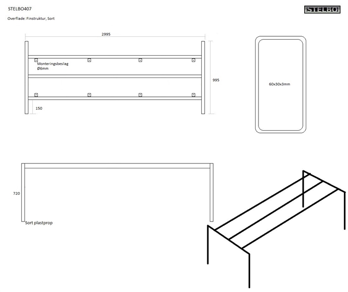 20171006 Specialfremstillet bordstel. STELBO407, 2995x995x700mm, Sortlakeret