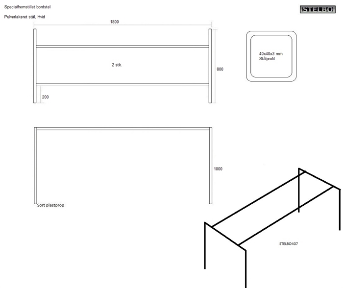 20190514 Specialfremstillet bordstel, STELBO407, Hvidlakeret stål. 1800x800x1000mm, 2 stk. 